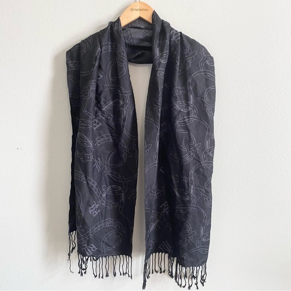 Lauren Ralph Lauren Black and Gray Equestrian Logo Knit Scarf - Picture 1 of 5